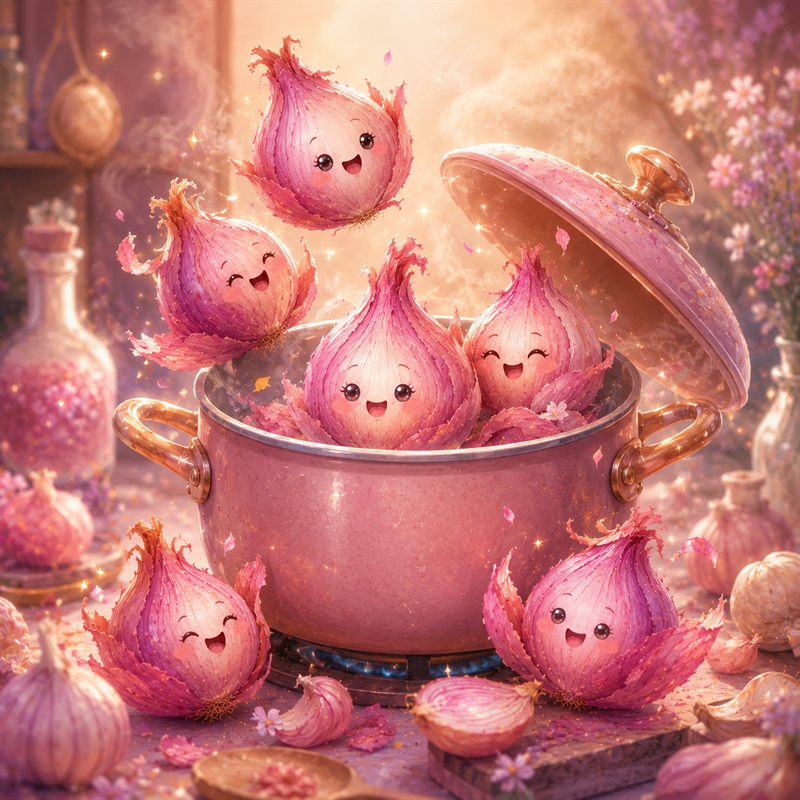 Happy shallots relaxing in a warm cooking pot